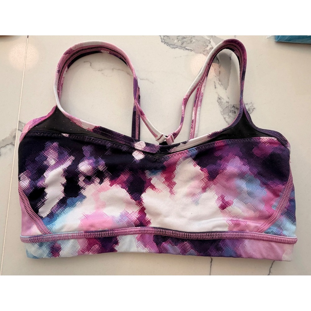 Lululemon Flow Y Bra Size 4 Purple Pink Abstract Print Strappy Sports Bra